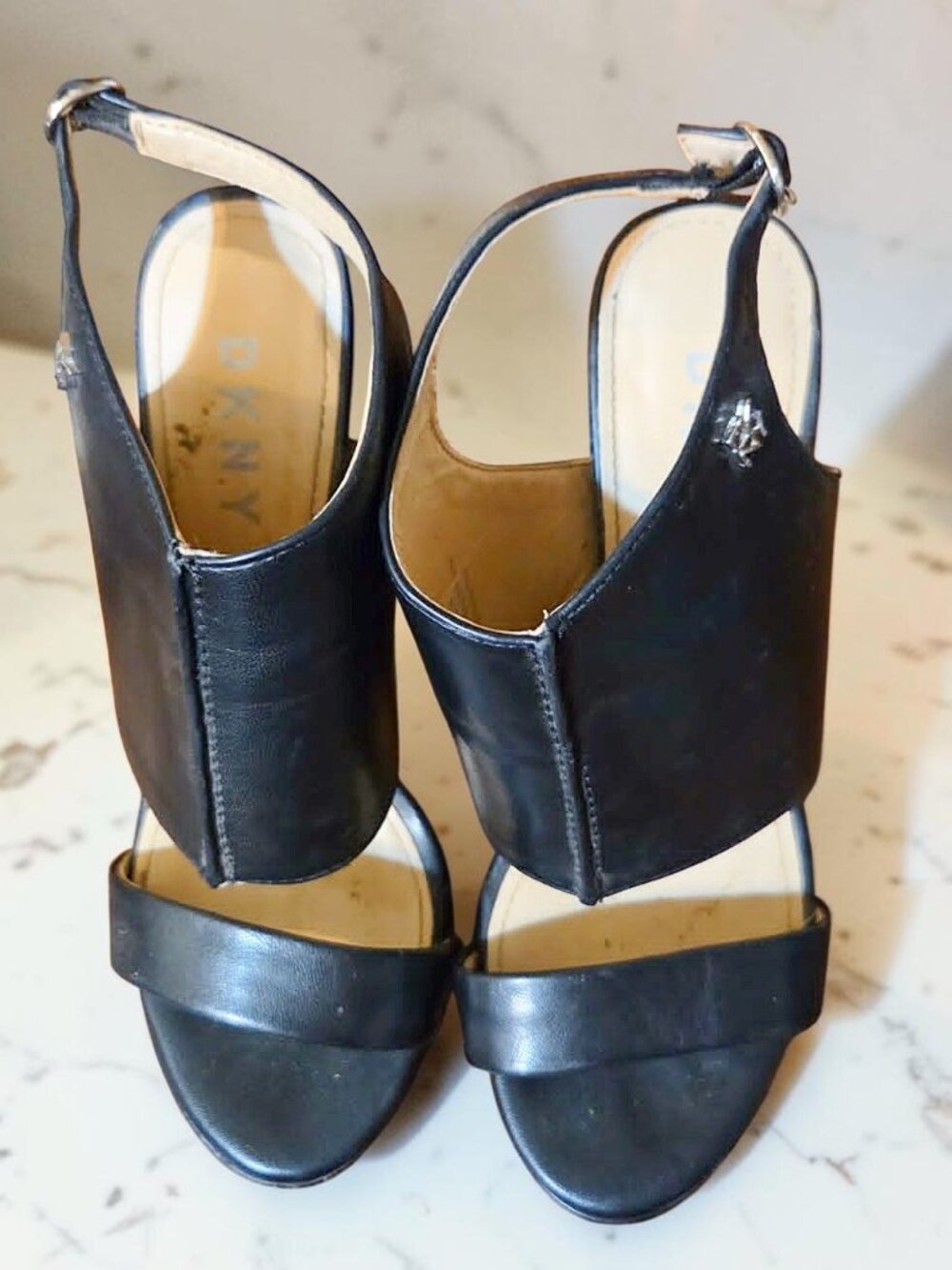 DKNY Black Leather High Heel Sandals with Gold-tone Hardware